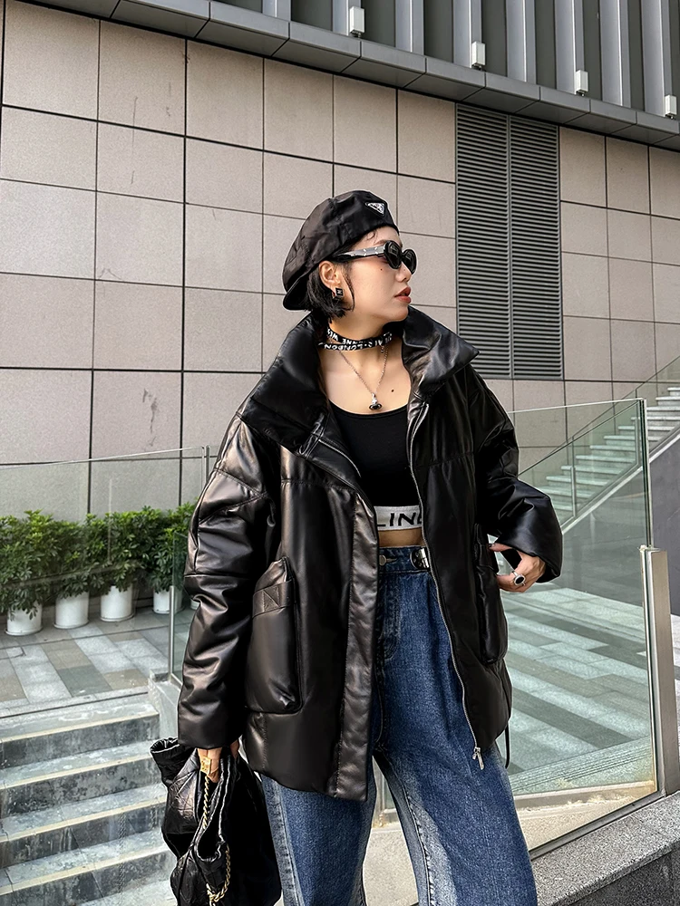 Fashion Women Oversized Sheepskin Genuine Leather Jacket Winter Warm White Duck Down Coat Casual Loose Fit Windbreaker Overocat