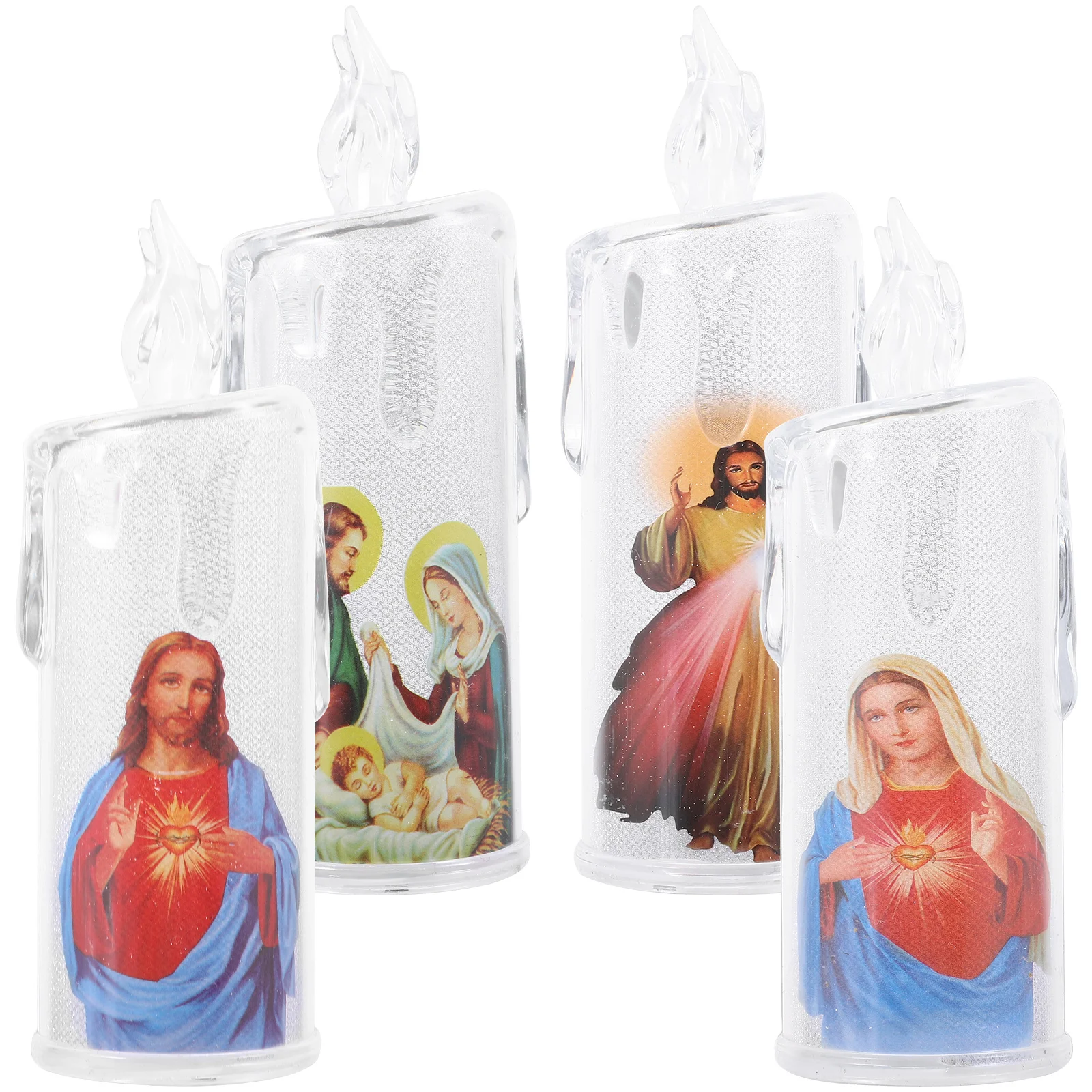 Linterna de Jesús de 4 piezas, luz LED, velas eléctricas sin llama, soportes cónicos religiosos