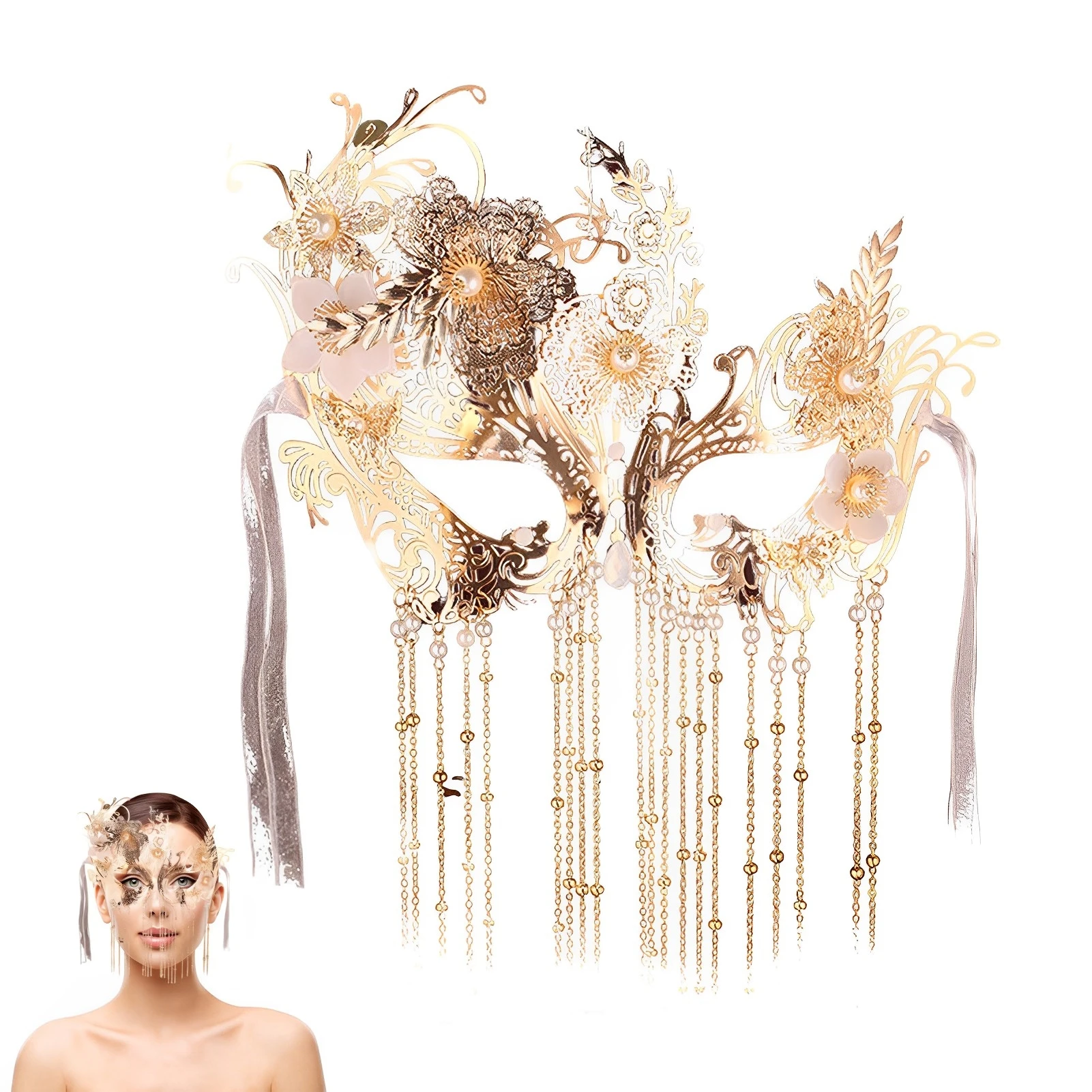 Long Tassel Face Veil with Mask Sparkling Crystal Hollow Headwear Hair Ornaments for Stage Performance School Ball