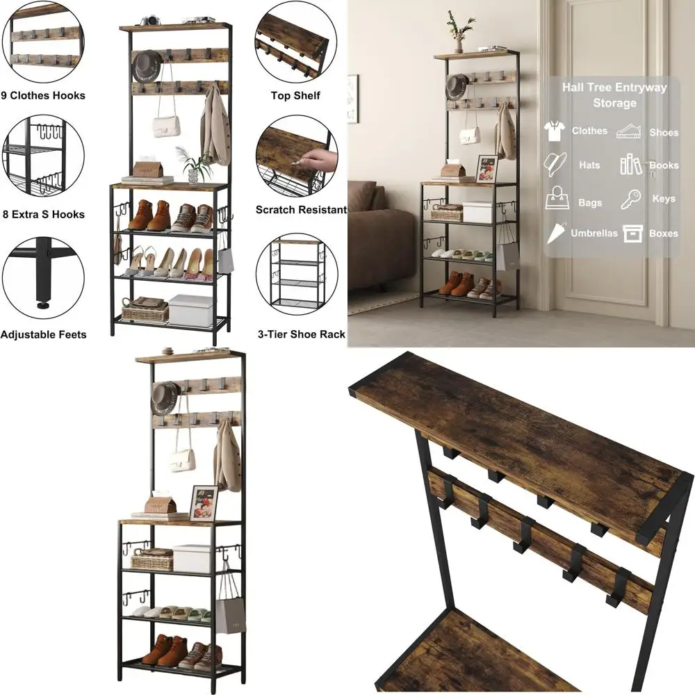 

5-Tier Shoe Rack with 9 Hooks, Freestanding Coat and Storage Organizer for Entryway and Bedroom, Rustic Brown