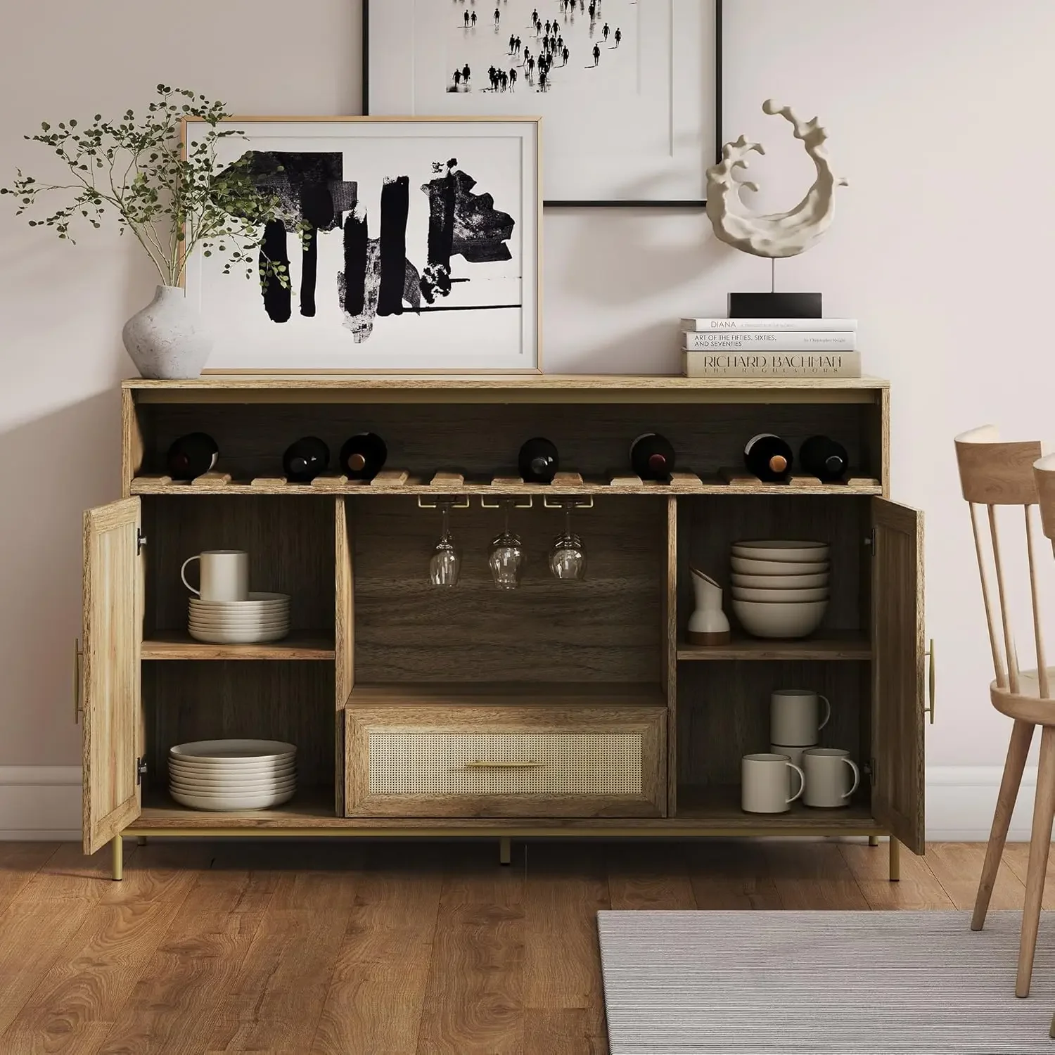 

Coffee Bar Cabinet, Boho Farmhouse Sideboard Buffet Cabinet with Storage, Dining Room, and Entryway - Marcel (Camel)