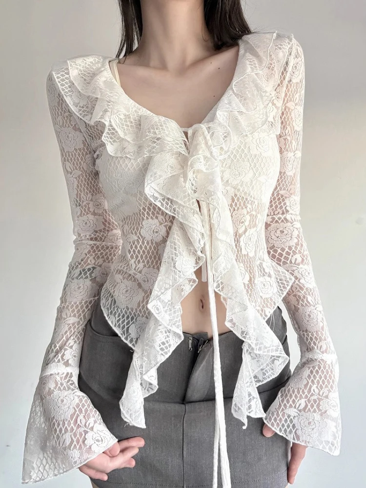 

2025 Y2k Aesthetic Lace Jacquard Women Blouse Grunge Hollow Out Bandage Slim Fit Shirt Harajuku Sexy Vintage Flare Sleeve Blusas
