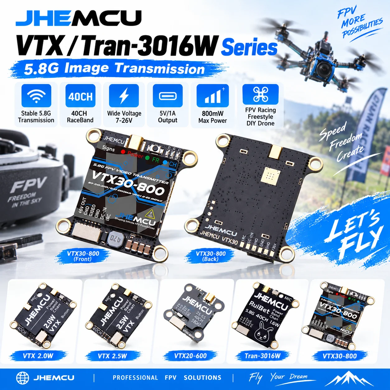 JHEMCU VTX20‑600 VTX30‑800 Tran‑3016W  VTX 2.5W 5.8G 40CH FPV Transmitter For RC Airplane FPV Long Range Racing Drone Parts