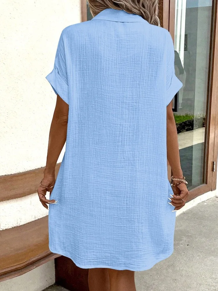 2025 Nuovo abito camicia in cotone e lino per donna Abiti estivi casual a maniche corte larghi Abito da spiaggia per le vacanze da donna