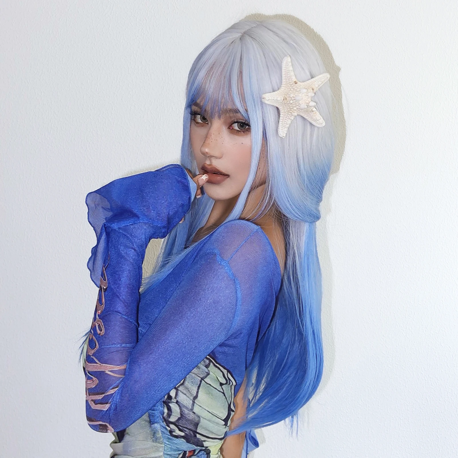 White Blue Ombre Long Synthetic Wigs with Bangs Colorful Cosplay Blue Straight Lolita Wig for Women Heat Resistant Natural Hair