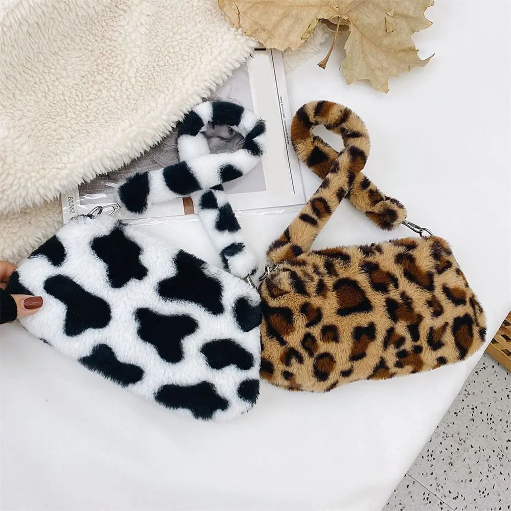 Casual Women's Shoulder Bag Animal Print Leopard Plush Lady Shoulder Underarm Bag Female Messenger Bag Crossbody Bags