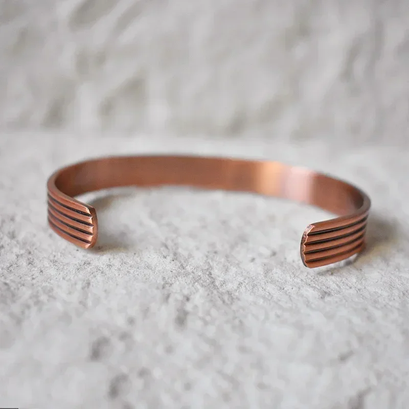 Vintage 99.9% Pure Copper Bracelets for Women Men Rose Color Cuff Bangles Lines Pattern Health Energy Gauss Magnets