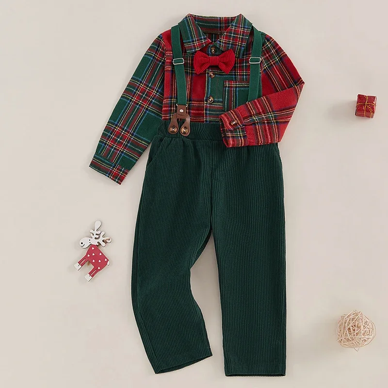 1-7 Years Toddler Boy Gentleman Outfit Christmas Plaid Print Button Long Sleeves Shirt and Suspender Pants Set for Formal Wear