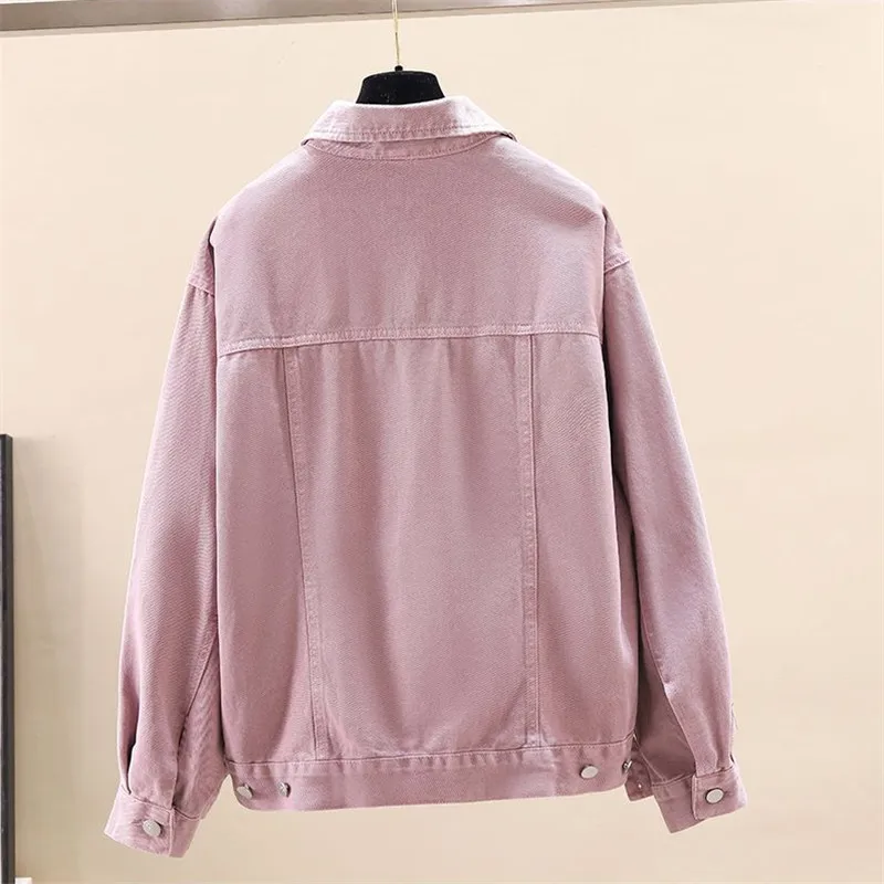 Women Denim Coat Spring Autumn New Long Sleeve Polo Neck Loose Jacket with Pocket Windproof Warm Chic Purple Jean Tops Outwear