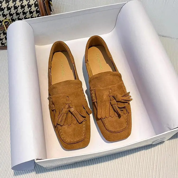 

Лоферы с бахромой в стиле ретро, женские мягкие боты без шнуровки, удобная бархатная поверхность, противоскользящие туфли на низком каблуке Bean oes для верхней одежды