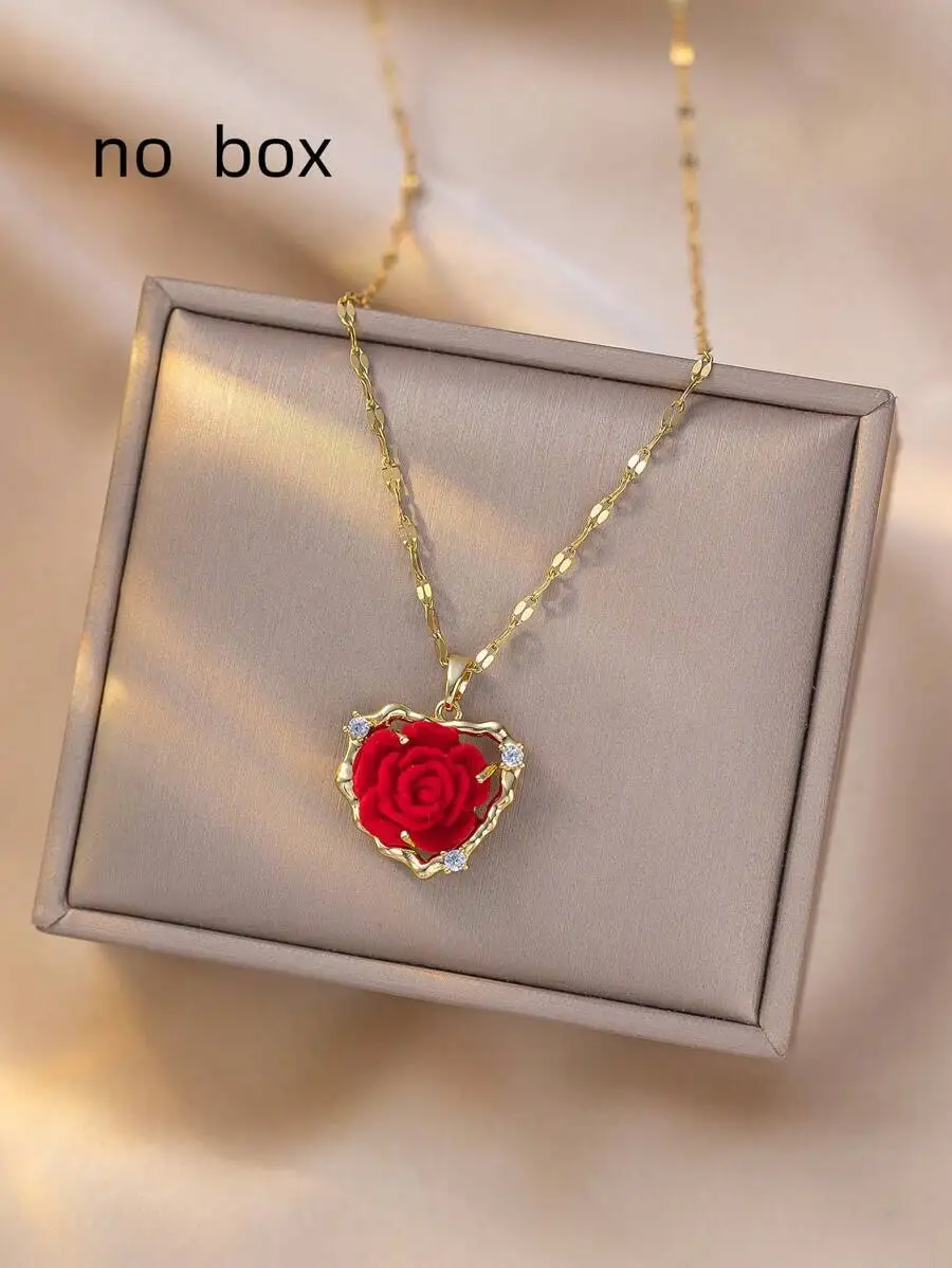 

Stainless Steel Rose Heart Pendant Necklace For Women Casual Elegant Gift