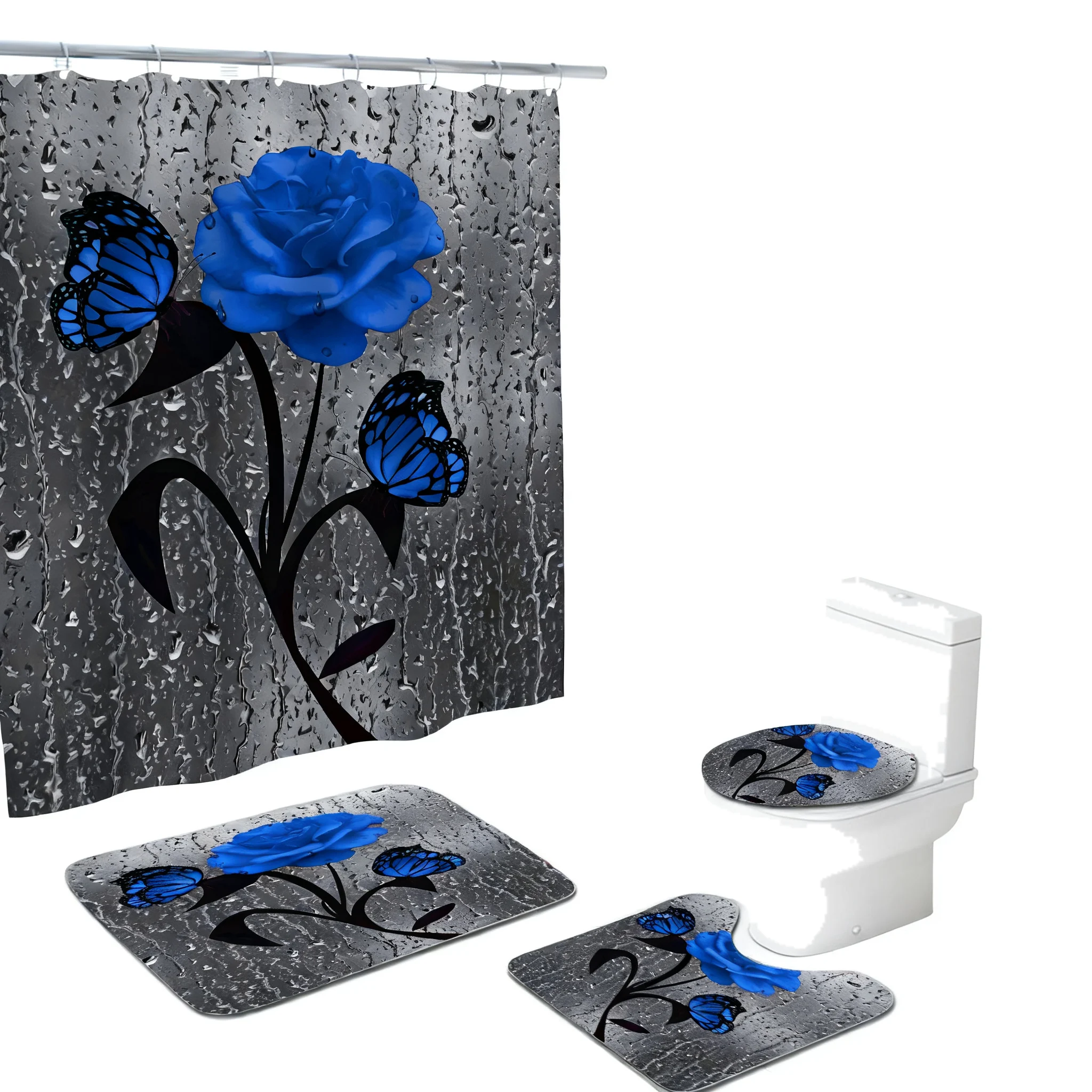Stylish Royal Blue Shower Curtains For Bathroom Along With Complete Leopard Bathroom Set For Luxury