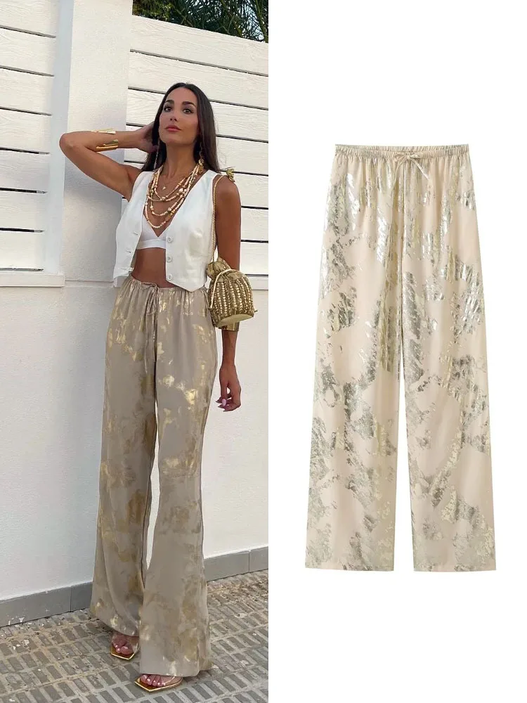 

2023 TRAF Summer Women Printed High Waist Baggy Pants Elastic Waist Wide Leg Pants Spring Fashion Fluid Pants