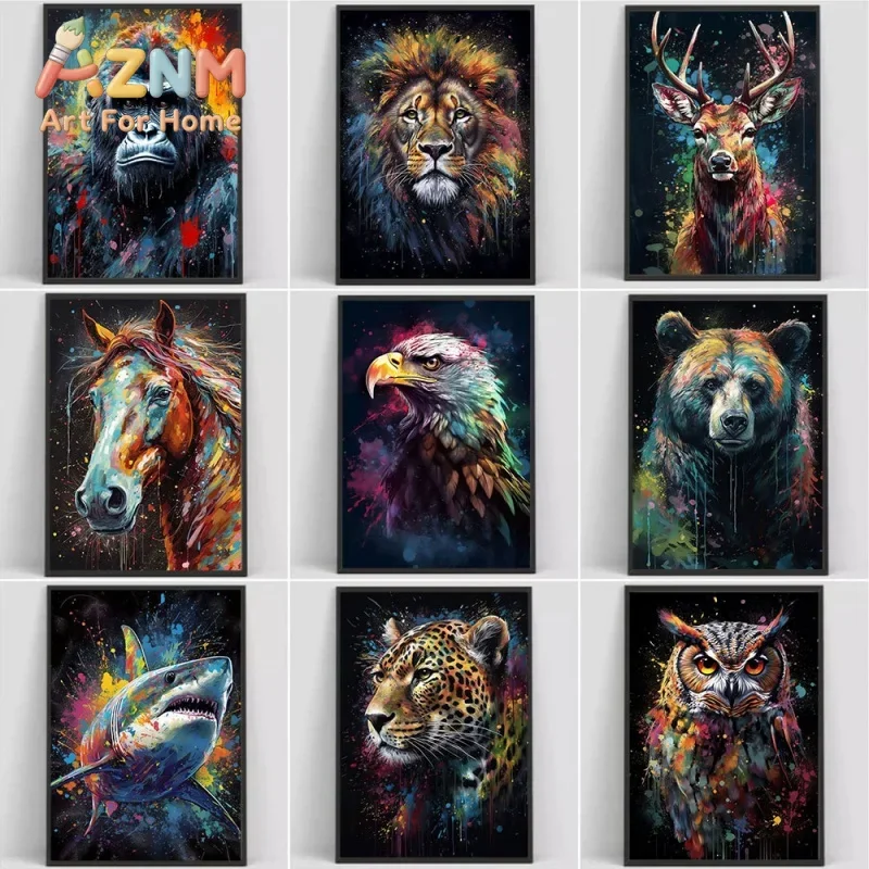 1pc frameless Canvas Classic Abstract Wildlife Wall Art Watercolor Shark Lion Tiger Canvas Poster And Print Living Room Bedroom