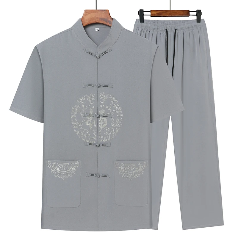 

2026 Summer Men Chinese Style Middle-Aged Sets Men Summer Thin Embroidery Tang Suit Set Two Piece Casual Outfit