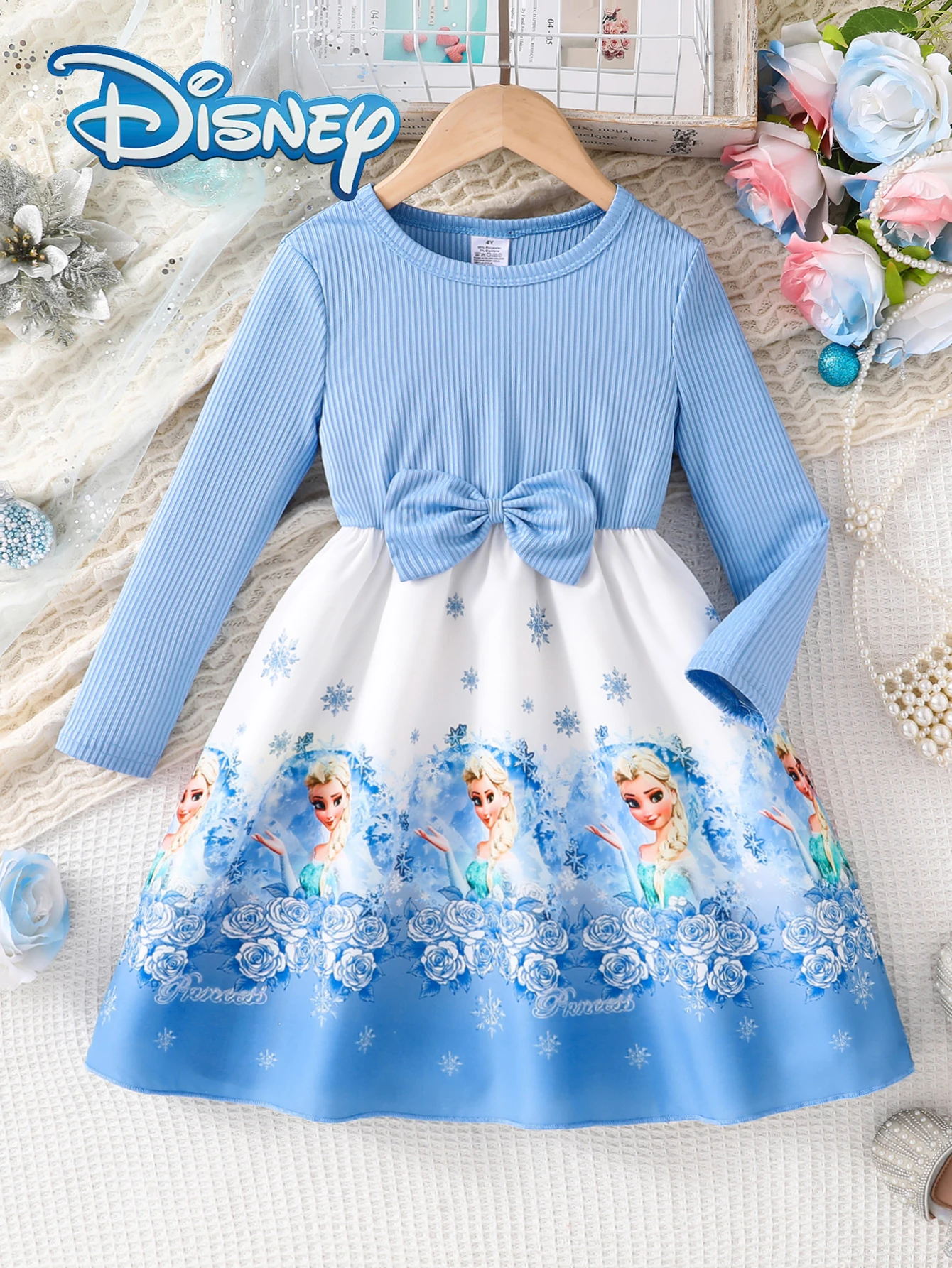 

[Officially Licensed] Disney Frozen Autumn/Winter Bowknot Dress, Featuring Elsa Princess Cartoon Pattern, Slightly Stretchy, Suitable for Girls' Daily Wear, Perfect as a Gift