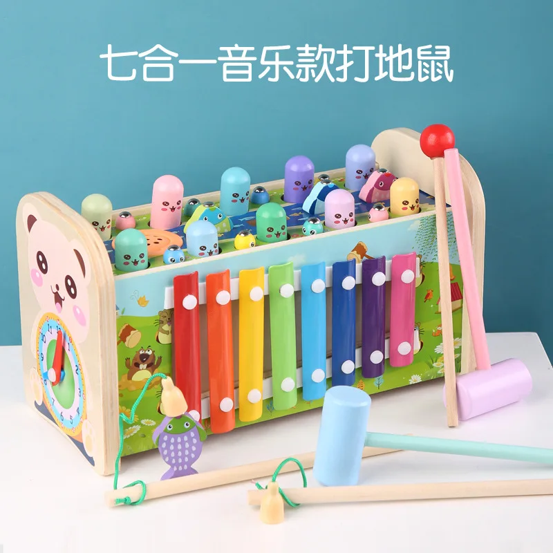 Children's large wooden Montessori early education toys for kids to catch bugs gopher fishing clock puzzle multifunction knockin