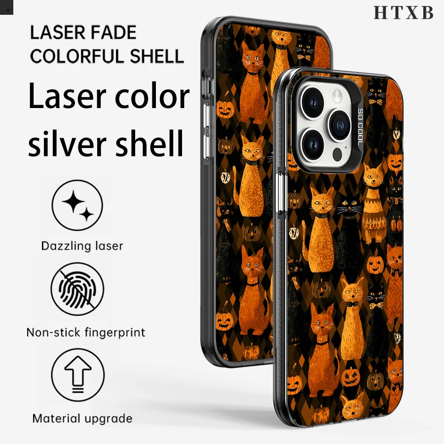 حافظة هاتف قطة سوداء، قطة صفراء، يقطين لهاتف آيفون 17 إلى 11 برو ماكس بلس