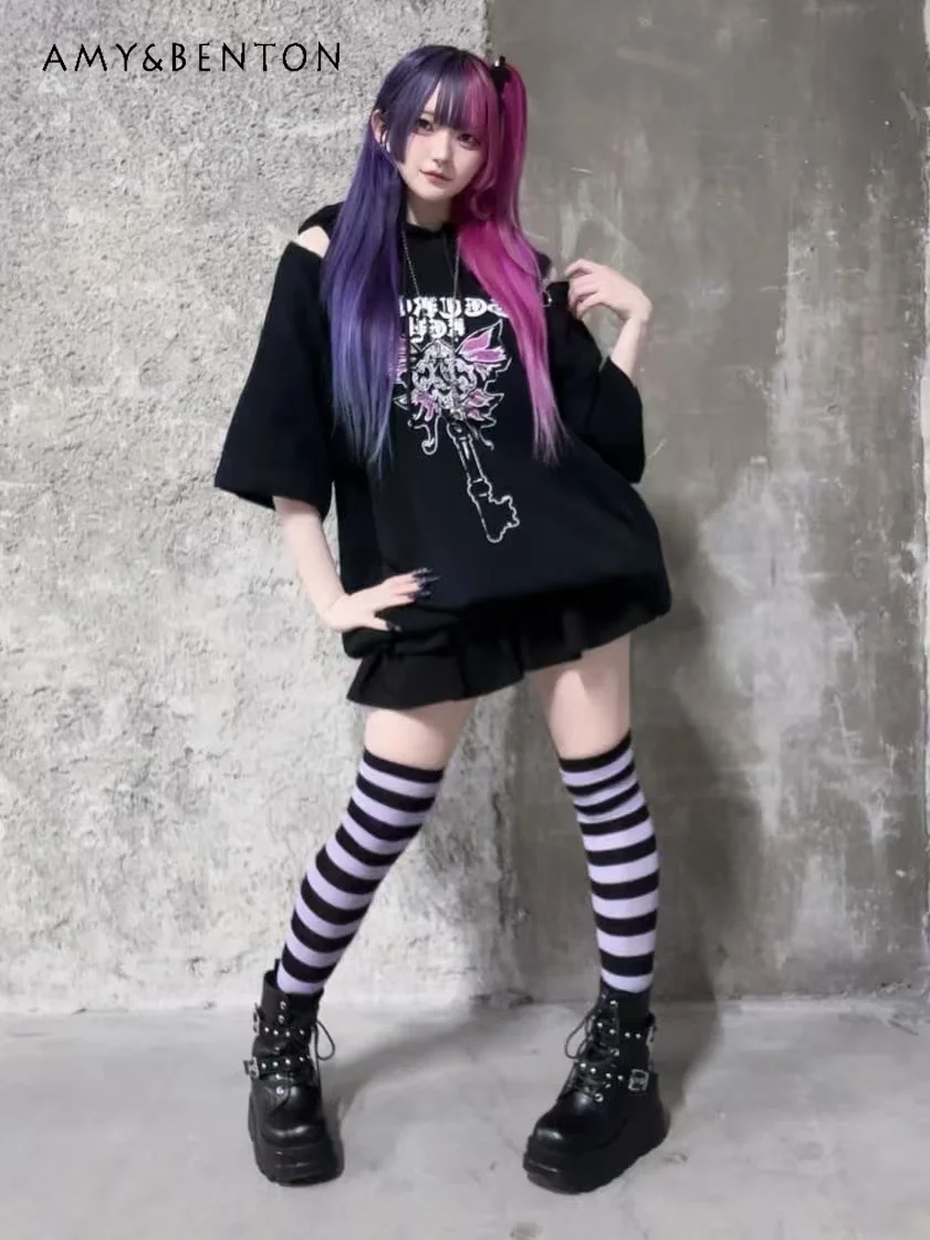 Japanese Harajuku Subculture Butterfly Print Bear Ears Hooded Sweater Zipper Off Shoulder Half Sleeve Mine Goth Oversized Hoodie