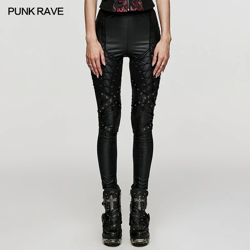 

PUNK RAVE Women's Punk Symmetrical Design Slim Fit Black Skinny Pants Elastic Drawstring Streetwear Leggings Women Clothes