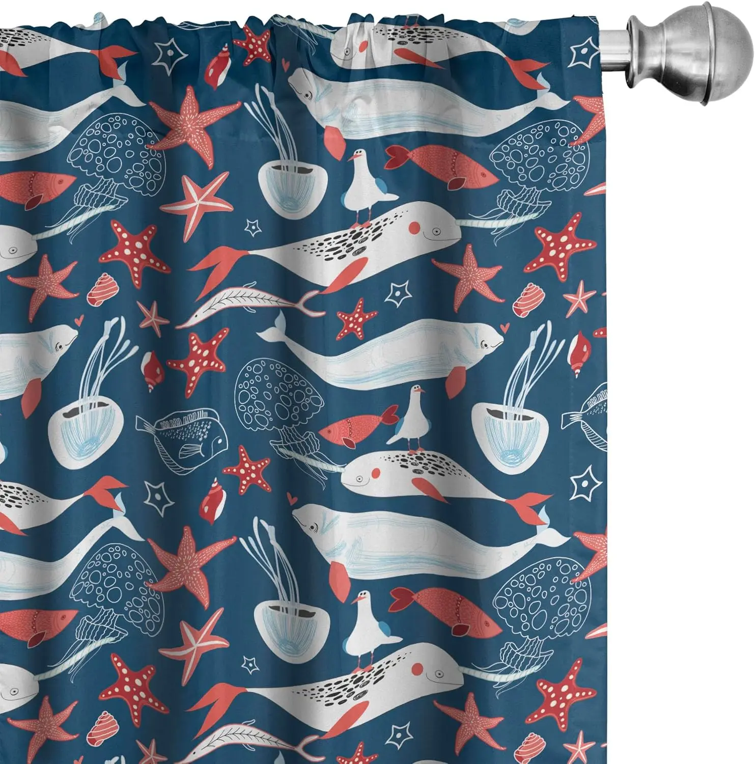 Whale Starfish Jellyfish Curtains Ocean Sea Life Print for Kids Room Bathroom Bedroom Window Decor