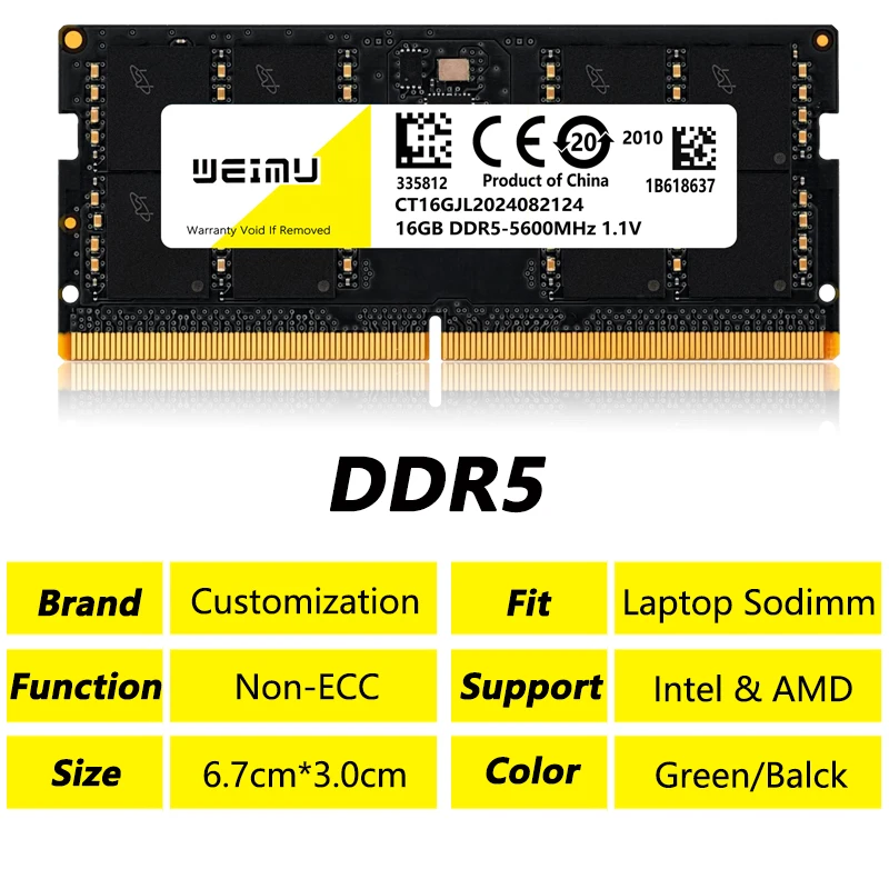 DDR5 8GB 16GB 32GB 48GB Laptop Memories Ram PC5 4800 5200 5600Mhz 1.1V 262Pin Non-ECC Sodimm Notebook Memory Ram For Intel AMD