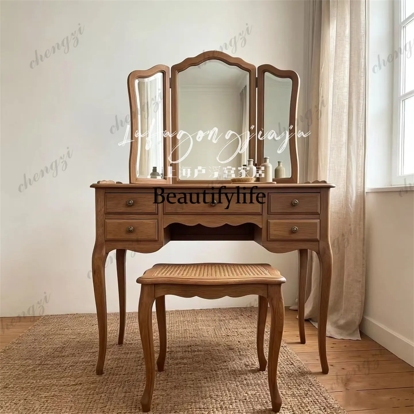 American retro dressing table bedroom dressing table solid wood three-fold makeup mirror integrated storage table