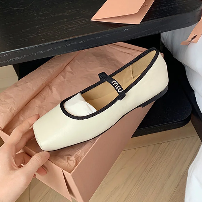 Women Ballet Flats Fashion Square Toe Pumps Soft Leather Slip-on Casual Shoes Female Mary Jane Shoes Office Lady Work Thin Shoes