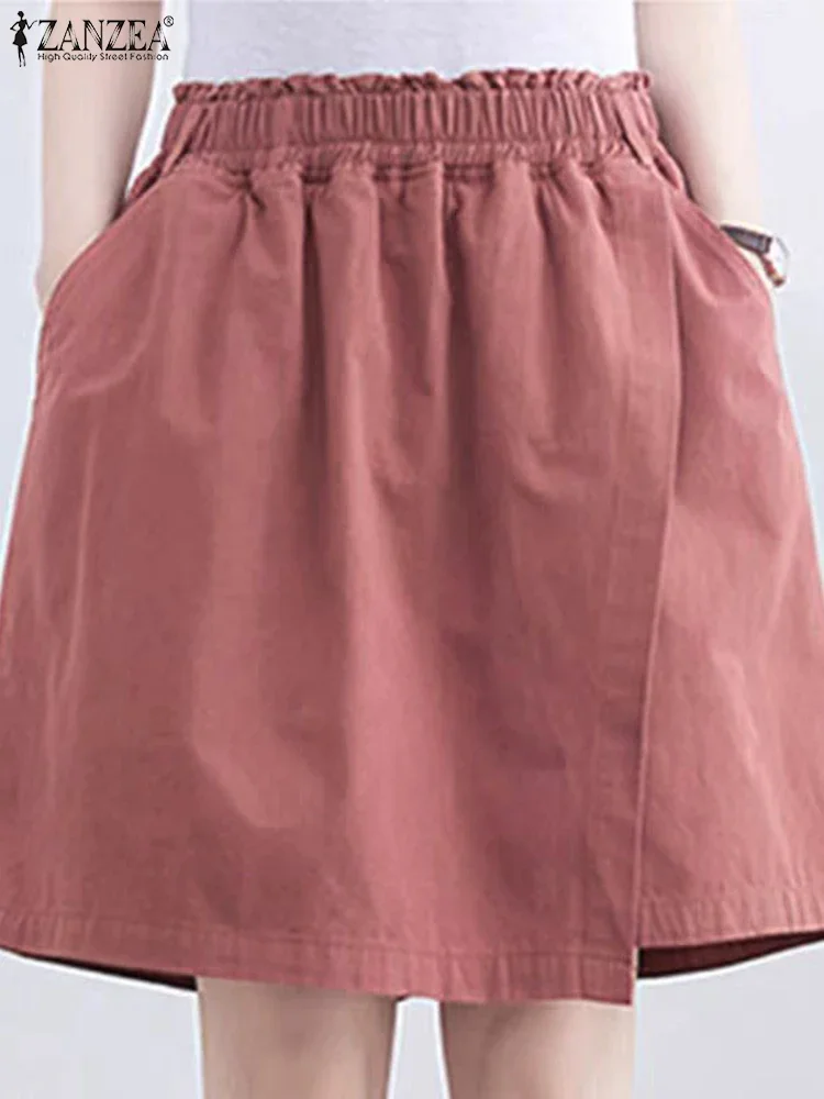 ZANZEA 2025 Damskie Letnie Szorty Spódniczki Elastyczna Talia Jednolite Szorty Codzienna Moda Wysoki Stan Kieszenie Vintage Oversize Szorty