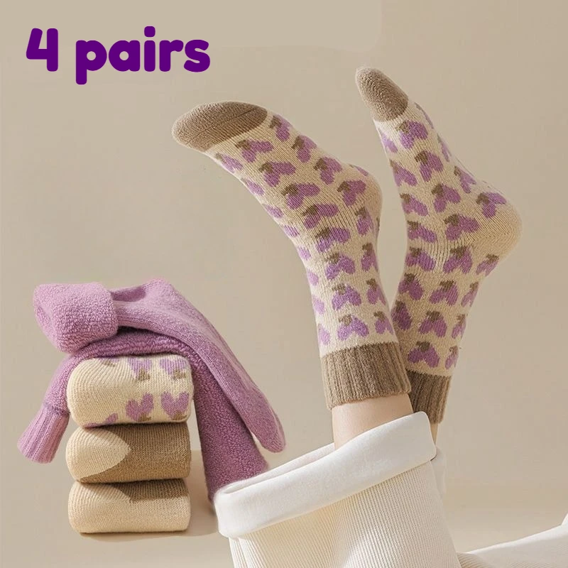 4 Paar modische neue Herbst- und Winterprodukte, verdickte und warme lila Damen-Baumwollsocken, lange Strümpfe für den Schlafboden