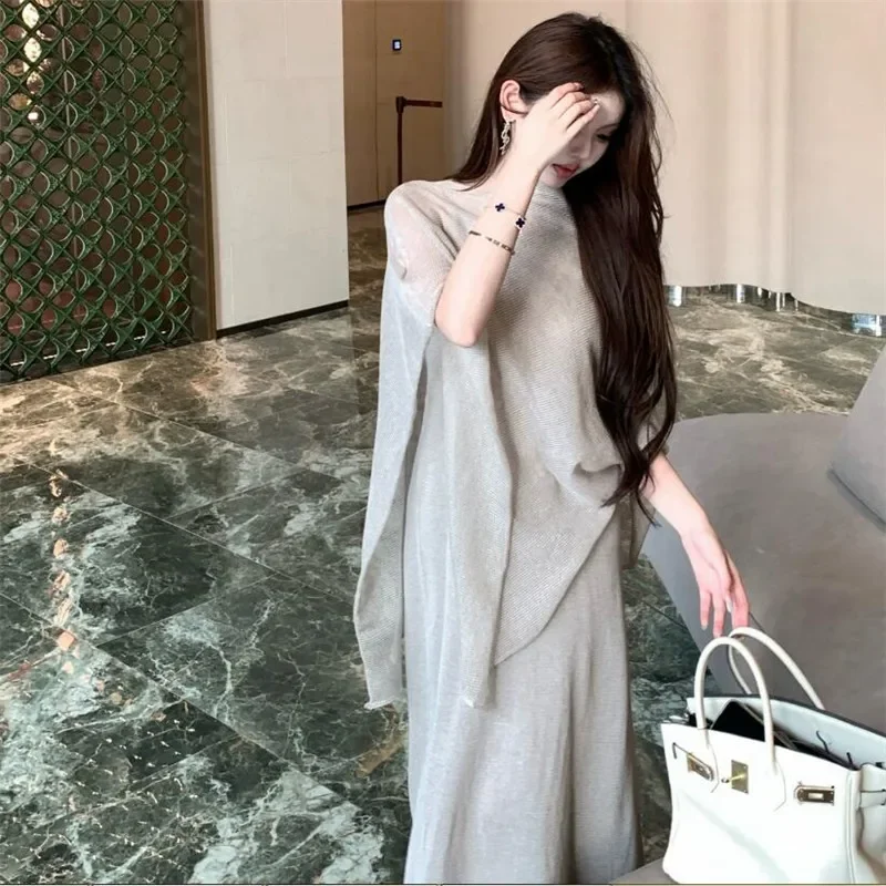 Fashion Celebrity Irregular Knitted Dress New 2024 Fall Women 2 Pieces Cover Shawl&Sleeveless Bottoming Long Sling Dress Sets