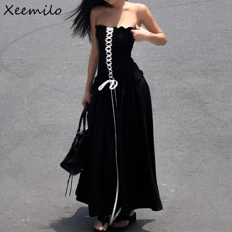 Xeemilo Sexy Bandage Stitch Tube Maxi Dress Fashion Sleeveless Backless Loose Hem Dresses Summer High Streetwear Black Vestidos