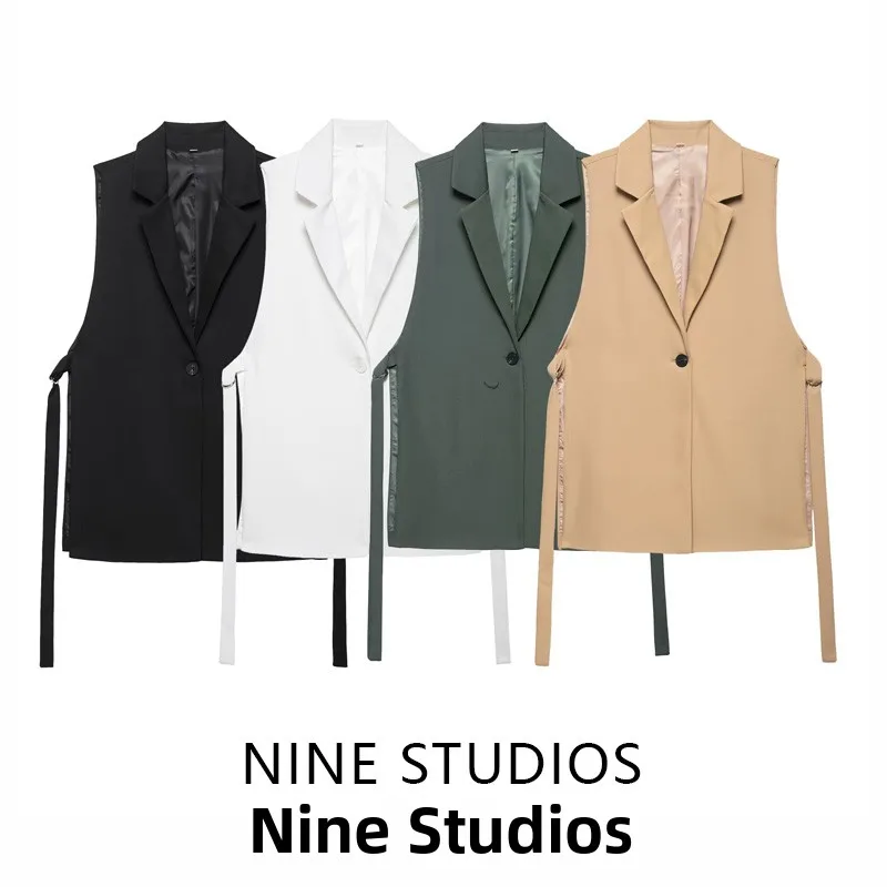 

NINE ZA Women's Long Svel Suit Vest with Slit Design Faionable Commute Sle Pure Color Polyester Fiber Jaet