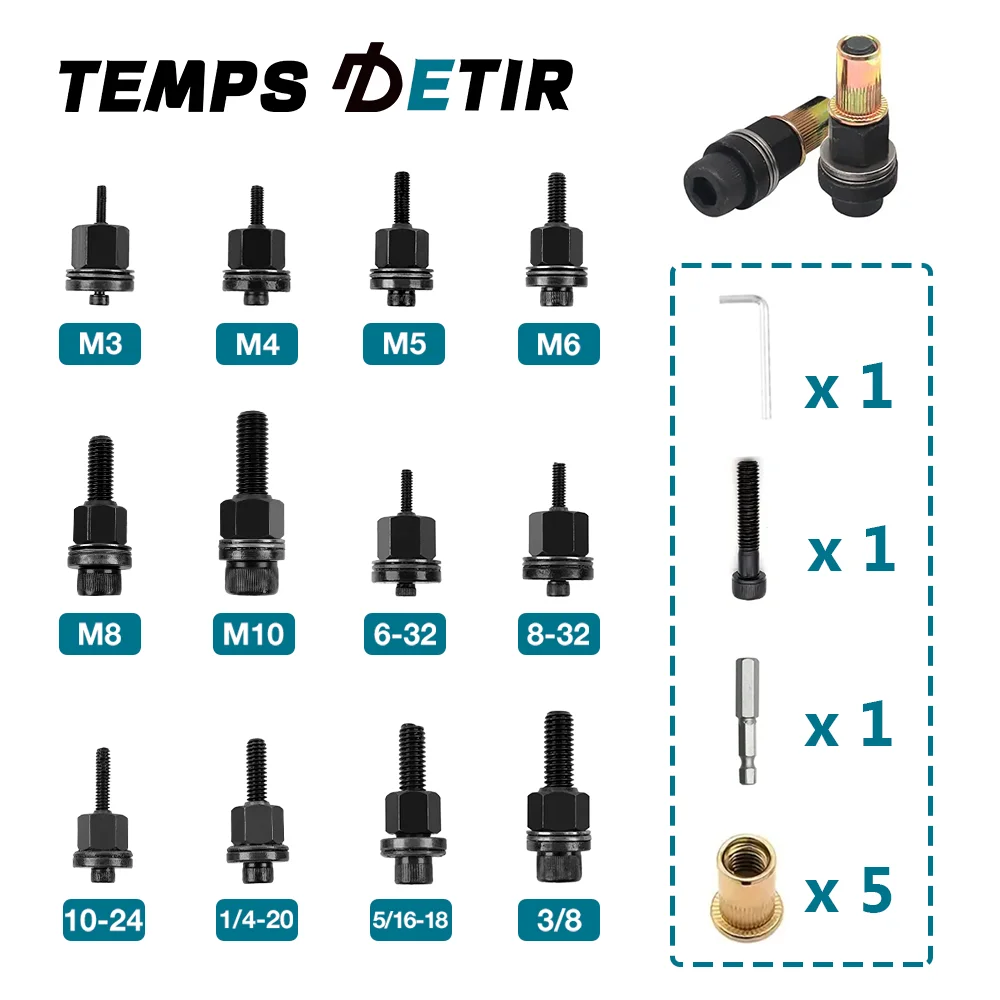 Manueller Nietmutternpistolenkopf, Mutternnietwerkzeug-Nietmutternadapter mit 5 Mutternköpfen/1 Ersatzzugstange/1 Bit/1 Sechskantschlüssel, metrisch M3 M4 M5 M6 M8 M10, Zoll 6-32 8-32 10-24 1/4 5/16 3/8