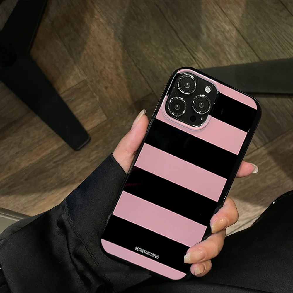 Ins Korean Black Pink Stripe Cool 14 15 Pro Max iPhone Case For 12 13 Mini Apple 11 XR XS Simple Silicon Full Coverage