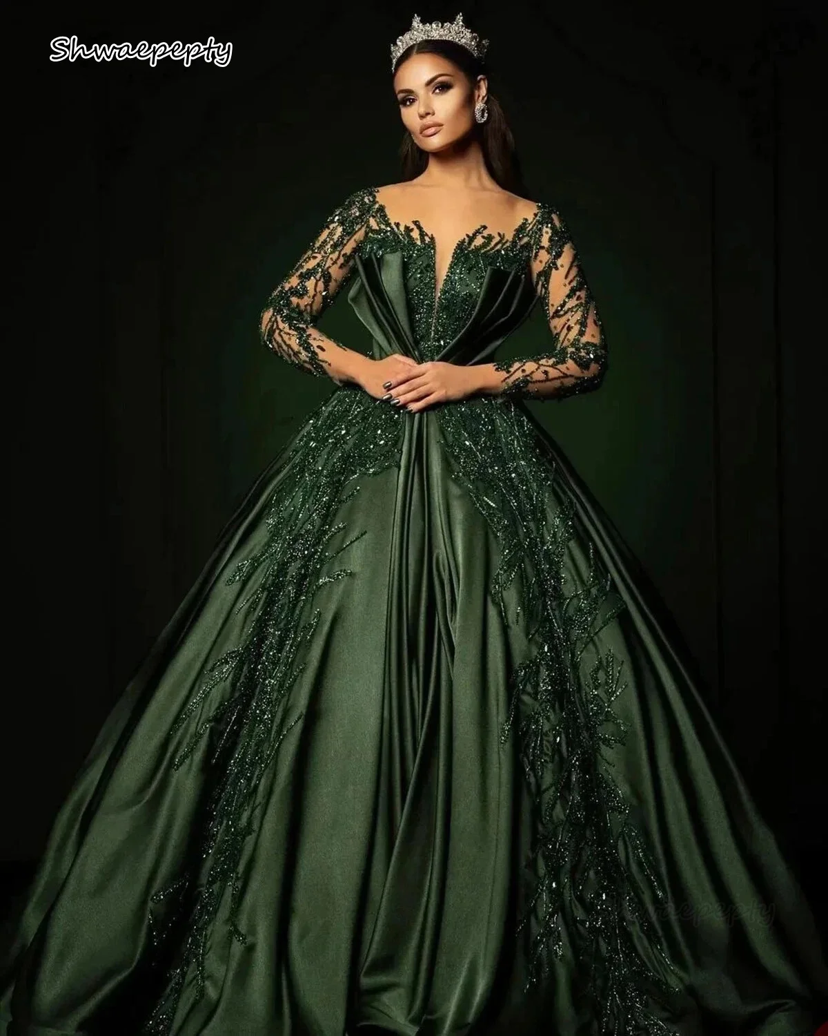 Luxo árabe dubai vestidos de noite frisado lantejoulas caçador verde cetim a linha ptom formal ocasião vestido mangas completas personalizado