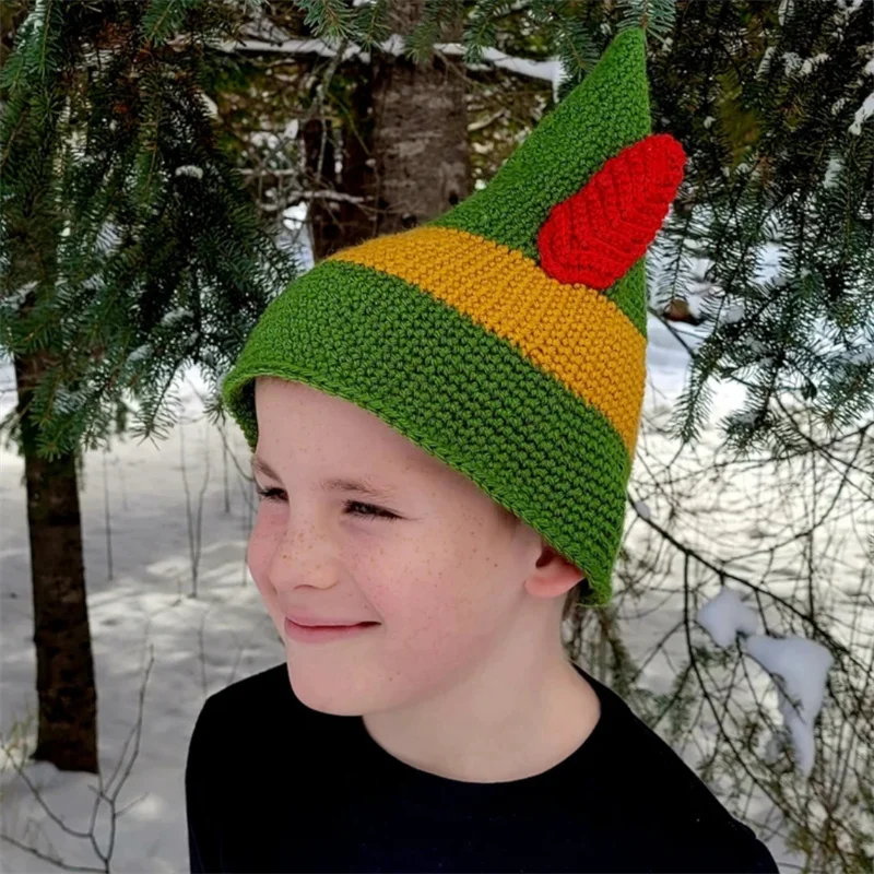 

Cute carton Red Green StripedElf Ears hat For children Soft knitting Christmas Elf Hat For boys girls Navidad Xmas Ornament