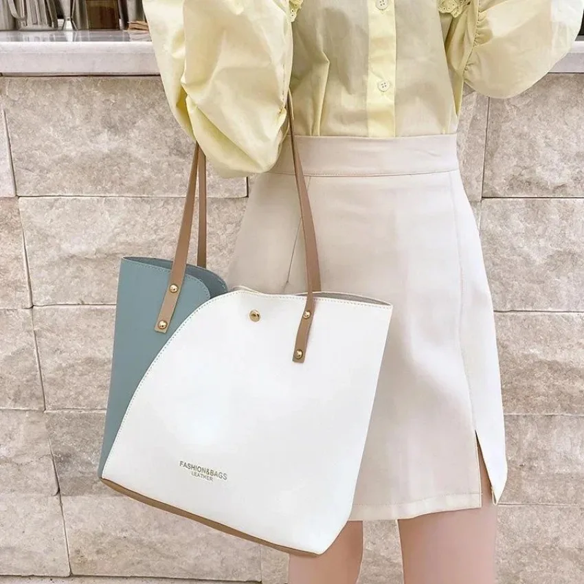 Fashion Contrast Color Patchwork Women Shoulder Bag Large Capacity PU Leather Hot Stamped Casual Shopping Handbag Lady Bags