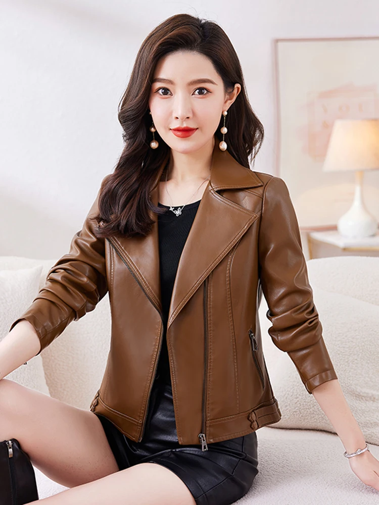 Haining 本革ジャケット女性のオルトスレ春秋新作コットンエンリッチドブラオートバイスリムフィットレザーコート