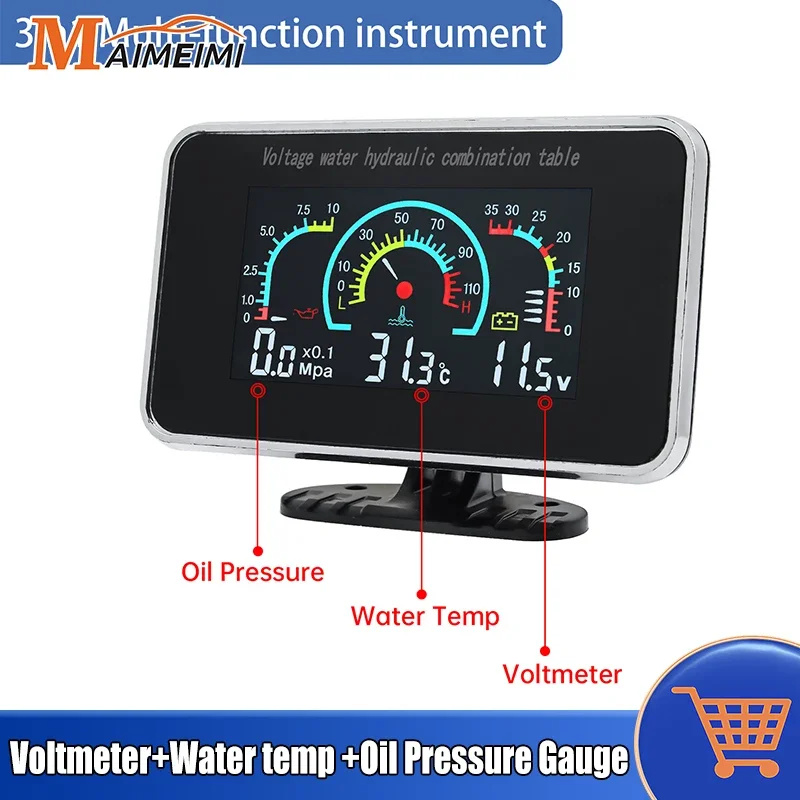 3 IN 1 Universal Car 12V/24V LCD Digital Truck Car Oil Pressure Voltage Water Temperature Combination Table With 1/8 NPT Sensors