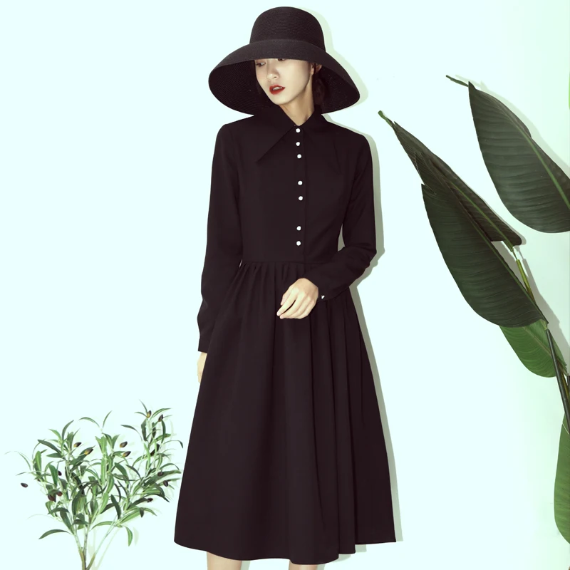 Retro Long Sleeve Sharp Collar Women's Shirt Dress Slimming Base Layer Spring Autumn A-Line Skirt Polyester Fiber 100%
