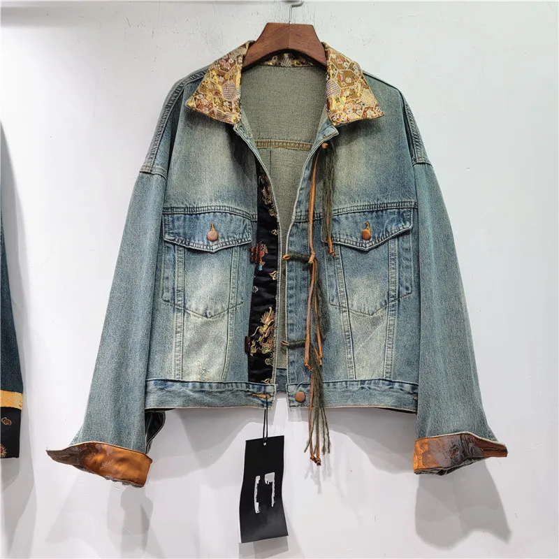 

2024 Spring Autumn New Advanced Sense New Chinese Light National Style Embroidery Splice Top Denim Coat Women LX019