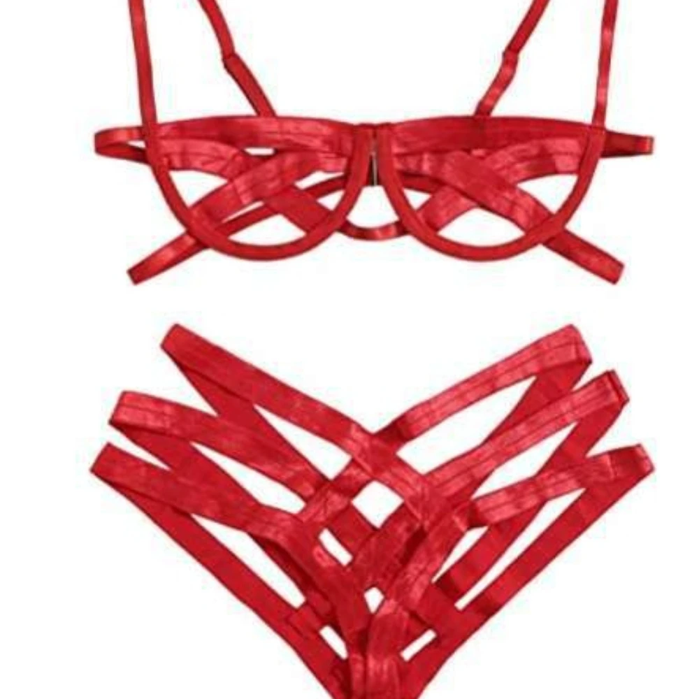 Bondage Harness Lingerie Set, Elastic Hollow Out Underwire Cage Bra & Thong Set