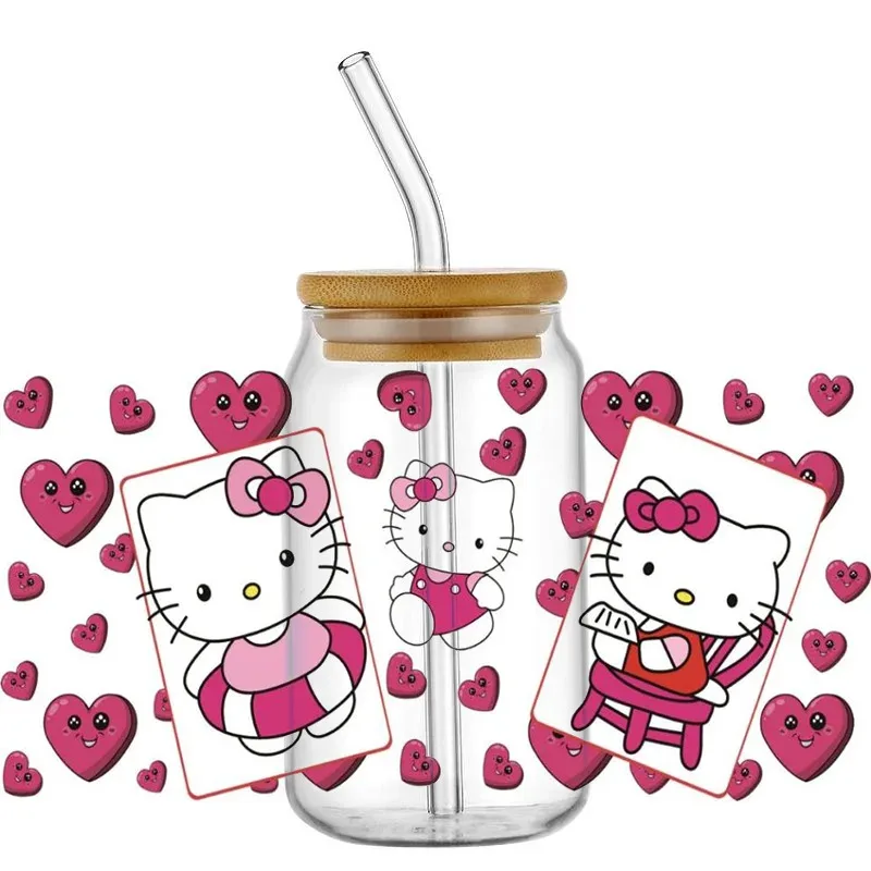 

3D Transfer Stickers Waterproof UV DTF Sticker DIY 3D Wrap Decal For 16oz Libbey Glass Miniso Cartoon Kitty Cat Cup Mug Wraps