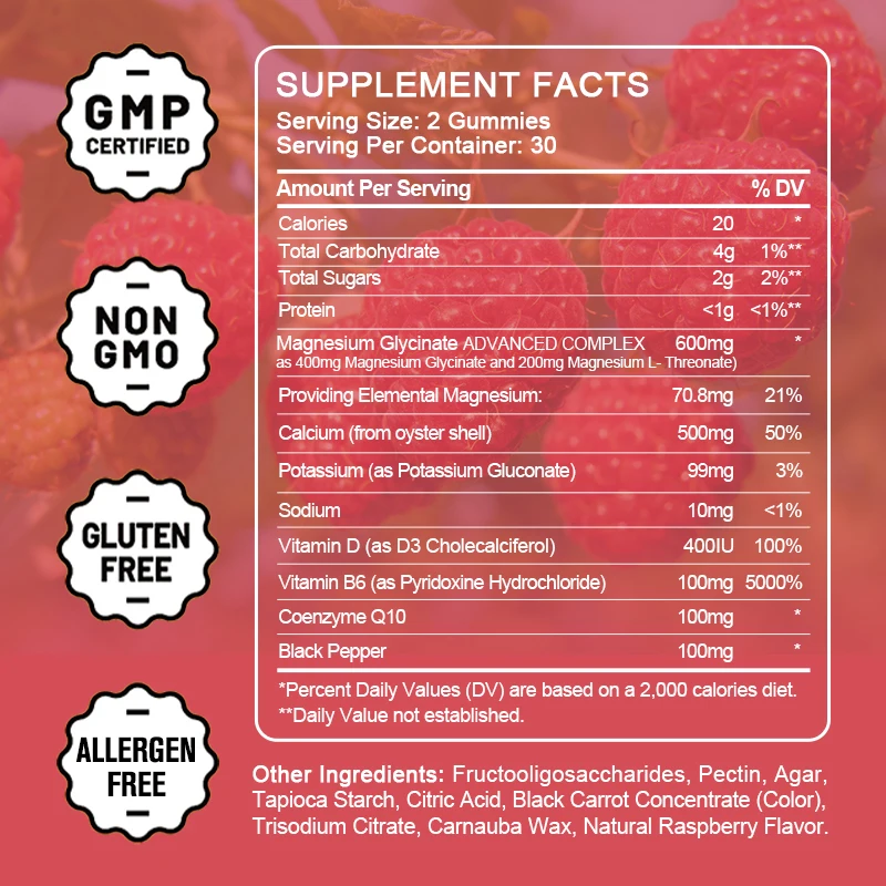 Glicyna magnezowo-malinowa gumowata witamina D B6 funkcja poznawcza spokojny nastrój sen L-treonian wspomaganie mięśni, stawów i kości