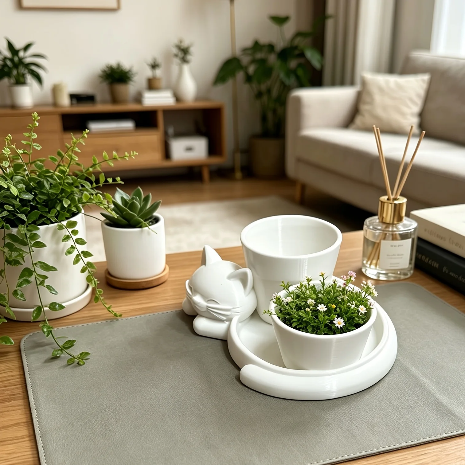 1 Piece White Cat-Shaped Potted Plant Ornament, Mini Succulent Vase, Lazy Cat-Shaped Vase, 3D Printed Integrated Ornament, Simple White Desktop Green Plant Vase