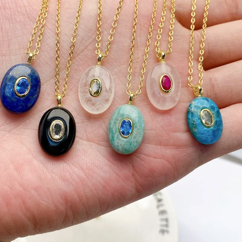 

1pc Brand Design Natural Stone Micropave Cubic Zircon Oval Shape Pendant 18K Gold Plated for Girls Necklace Jewelry