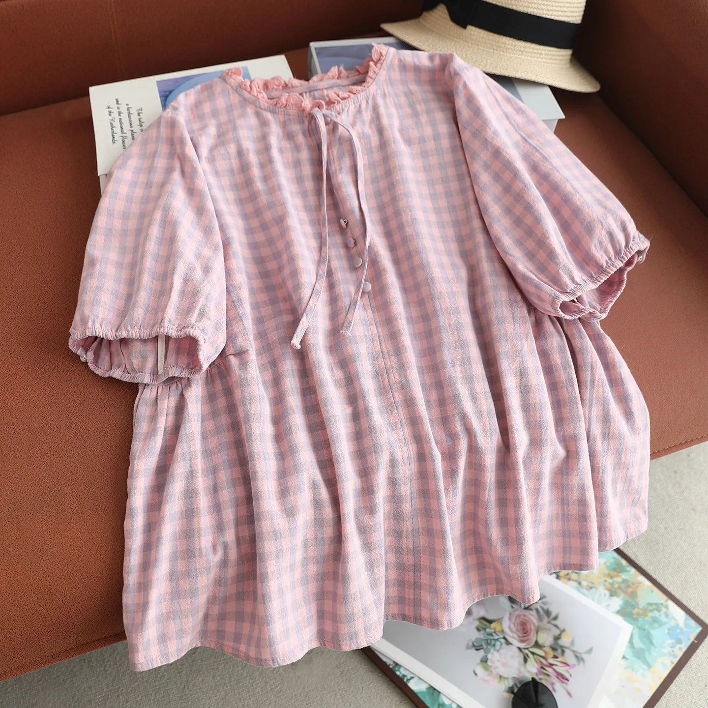 

Японские винтажные хлопковые рубашки в клетку в стиле Mori Girl с воротником-стойкой и шнуровкой, женские летние повседневные свободные блузки с коротким рукавом