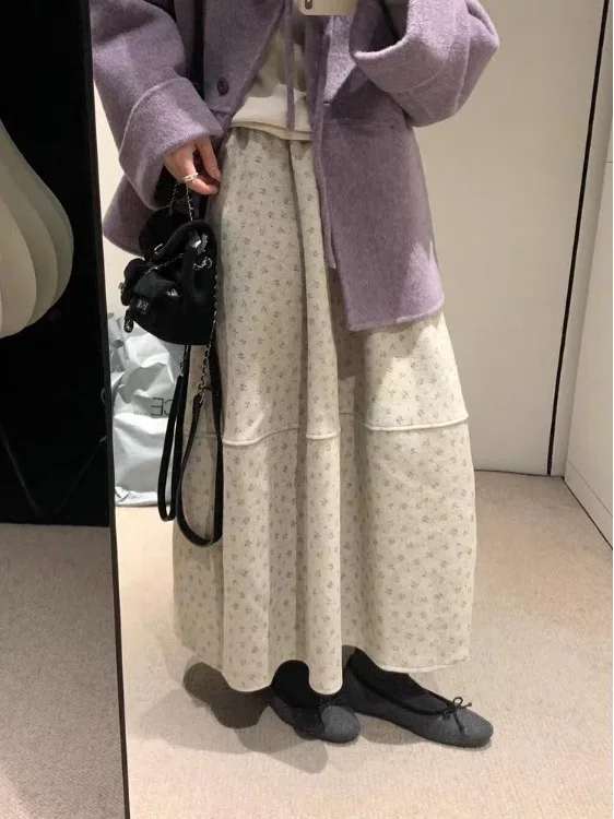 

High Waist A-Line Midi Skirt Floral Print Wool Blend Autumn Winter Women's Casual Faion Commute Sle Puffy f-length Skirt