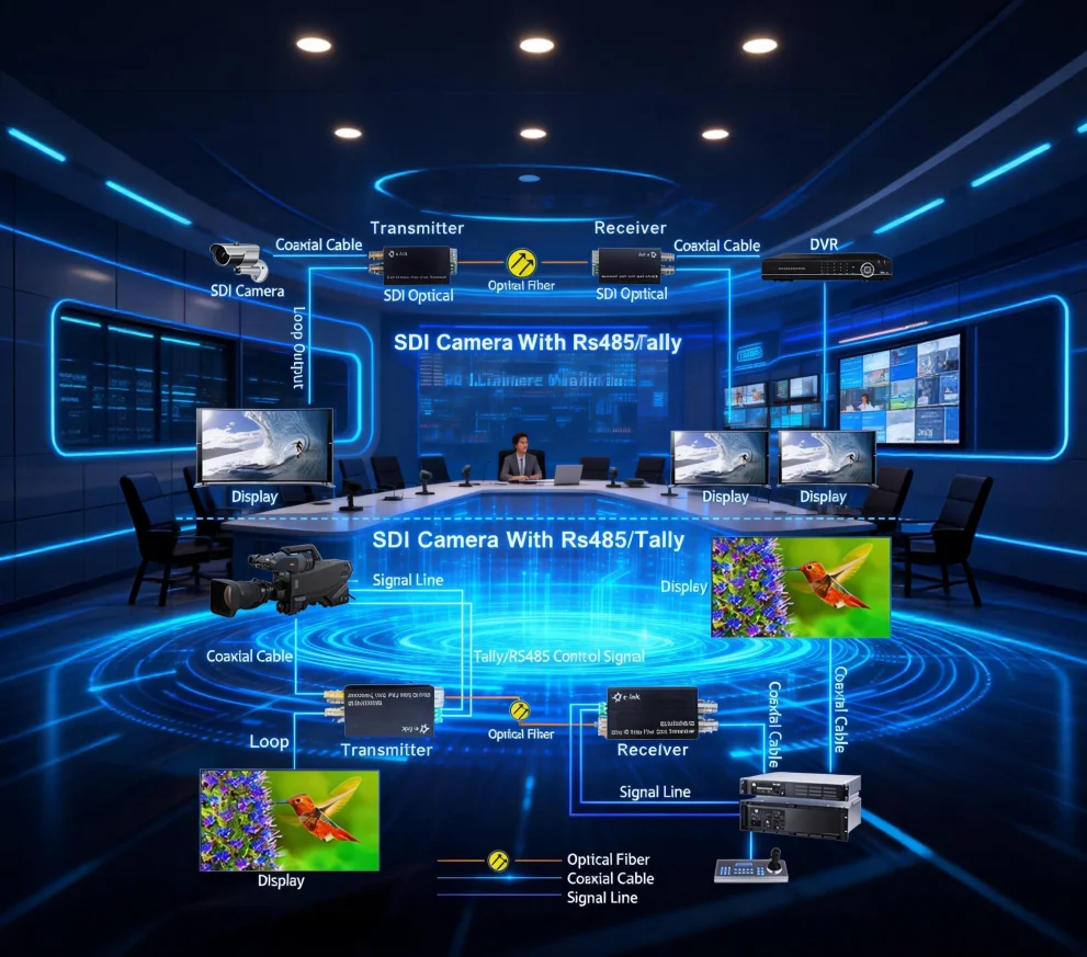 Mini-Type 3G-SDI to Fiber Media Converter with Tally Support and Reverse RS485 Data Channel